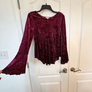 Ultra Pink Velvet Blouse with Floral Design in Deep Red